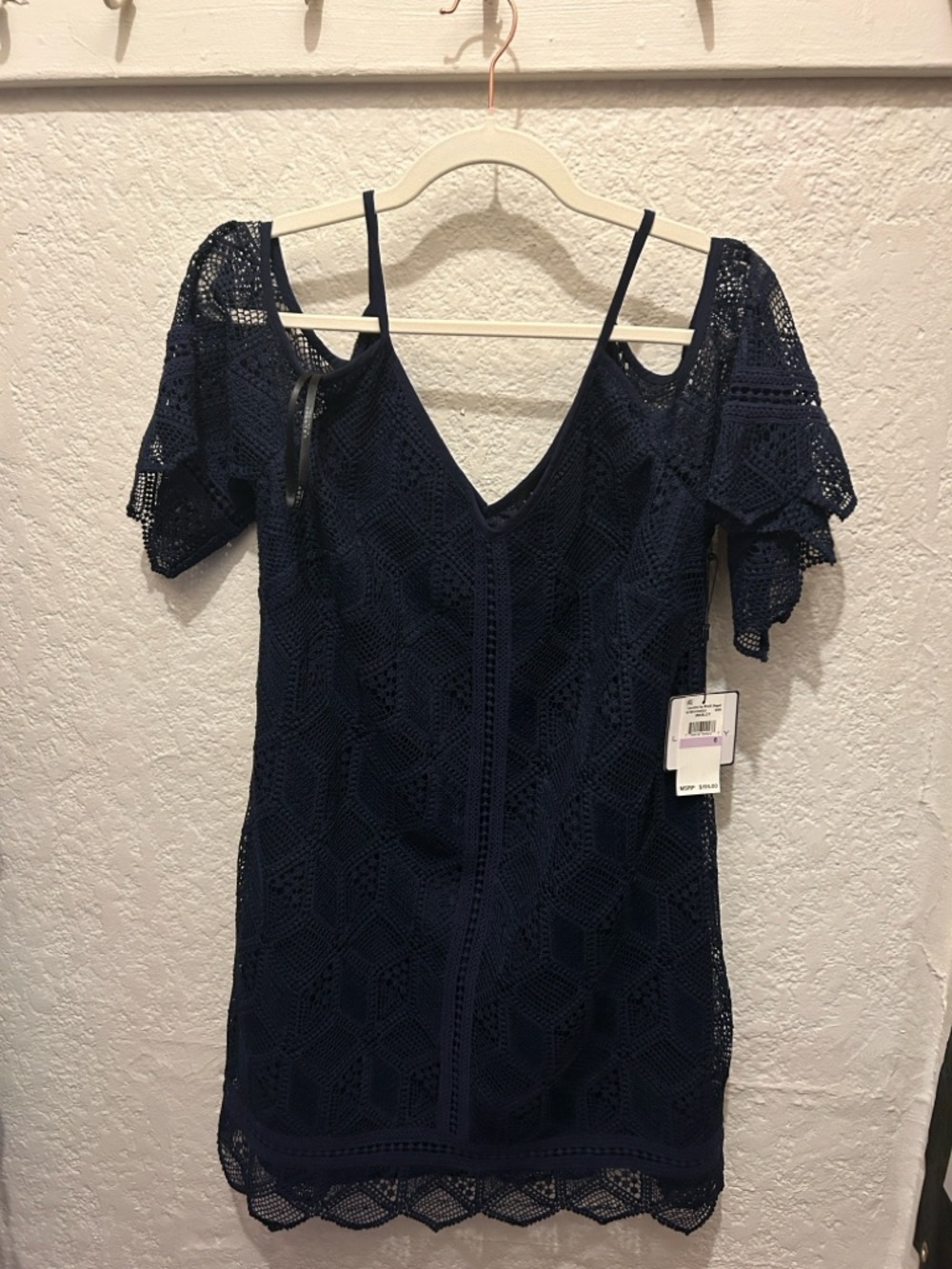 Laundry By Shelli Segal Navy Crochet Cold-Shoulder Mini Dress